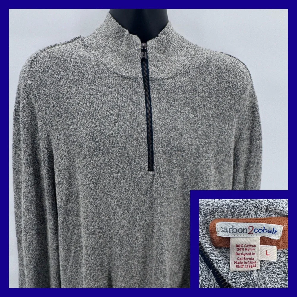 Carbon2Cobalt Men's Heathered Gray 1/4 Zip Mock Neck Sweater Size L Cotton Blend